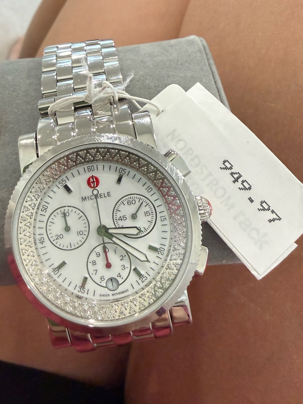 Michele Silver Crystal Bezel Chronograph Watch with White Dial